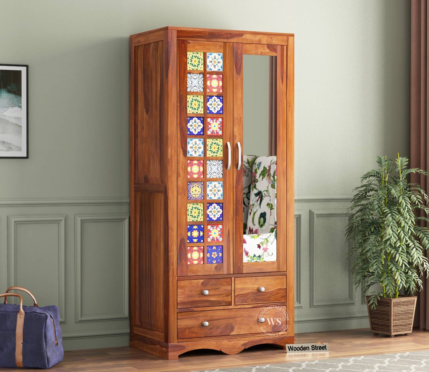 Boho 2 Door Multi-Utility Wardrobe with Mirror – Honey Finish